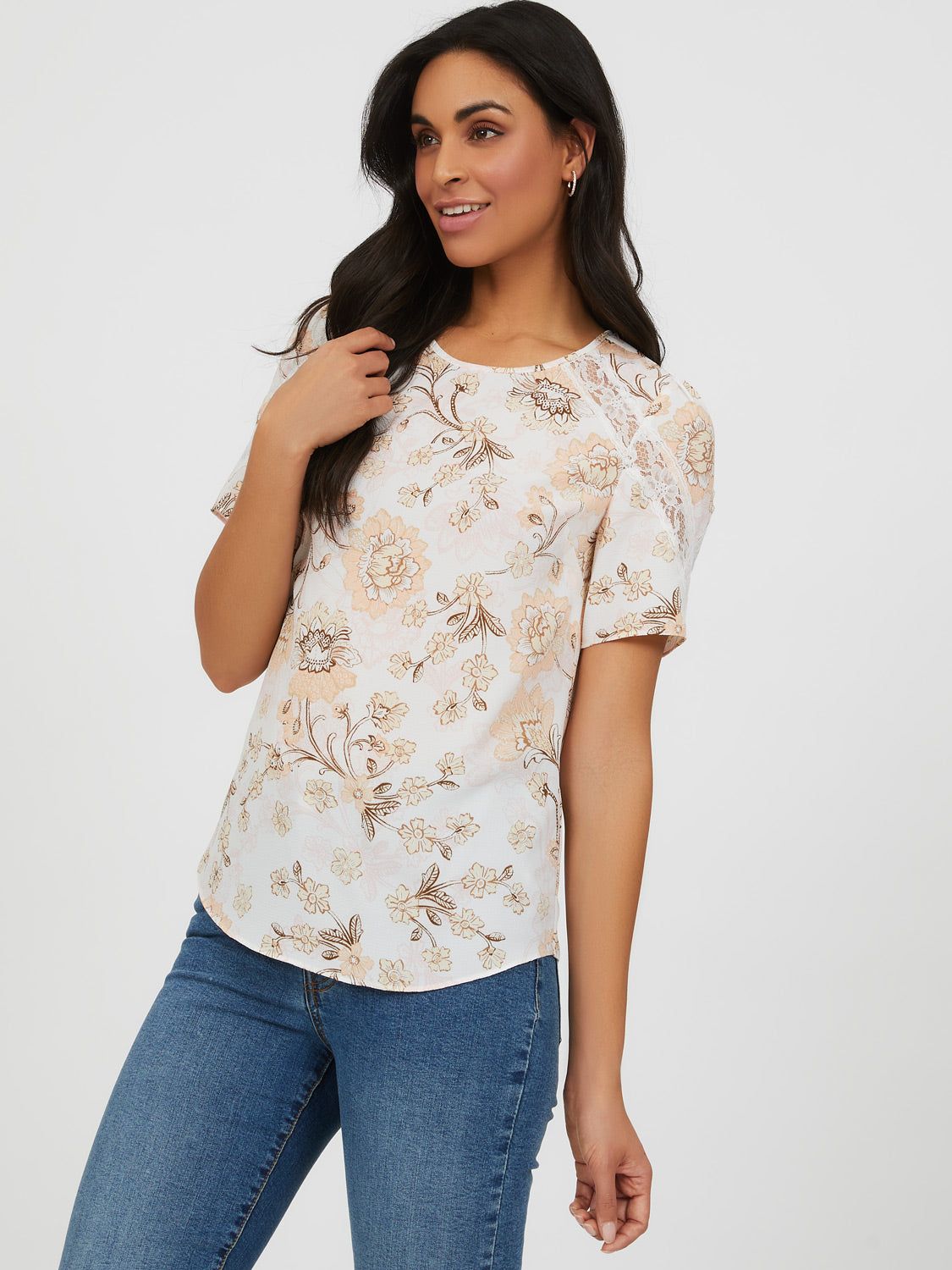 Short Sleeve Lace Trim Printed Blouse sold by Suzy Shier