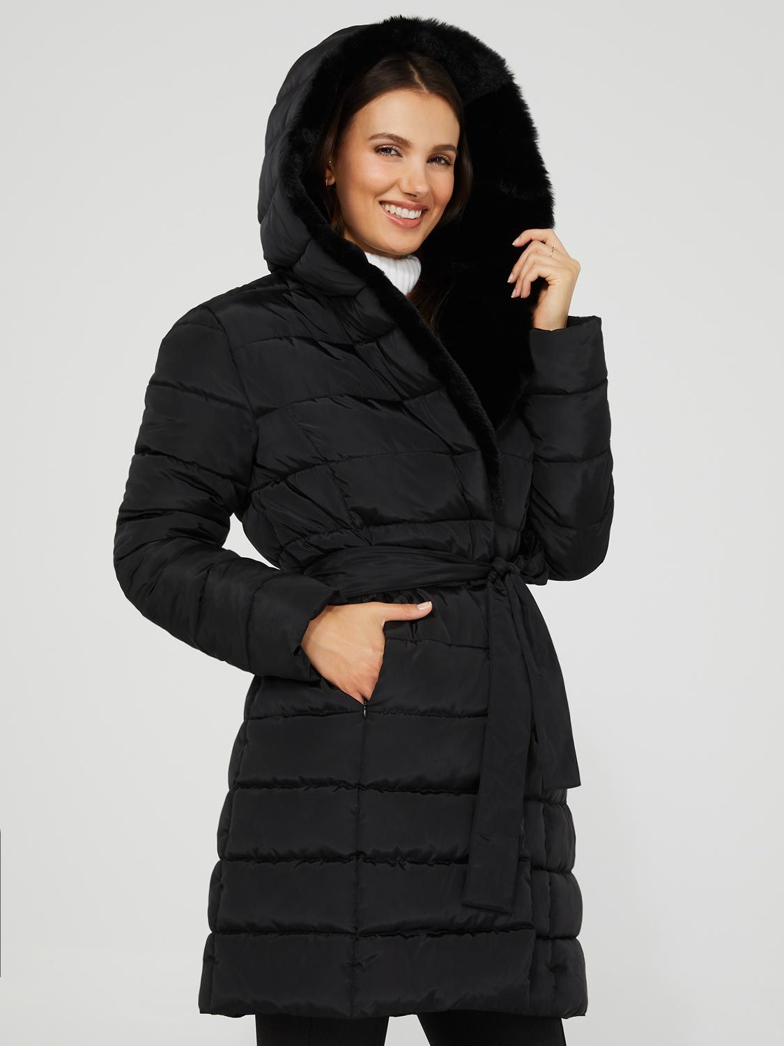 Hooded Puffer Coat With Faux Fur Collar sold by Suzy Shier product image thumbnail 2