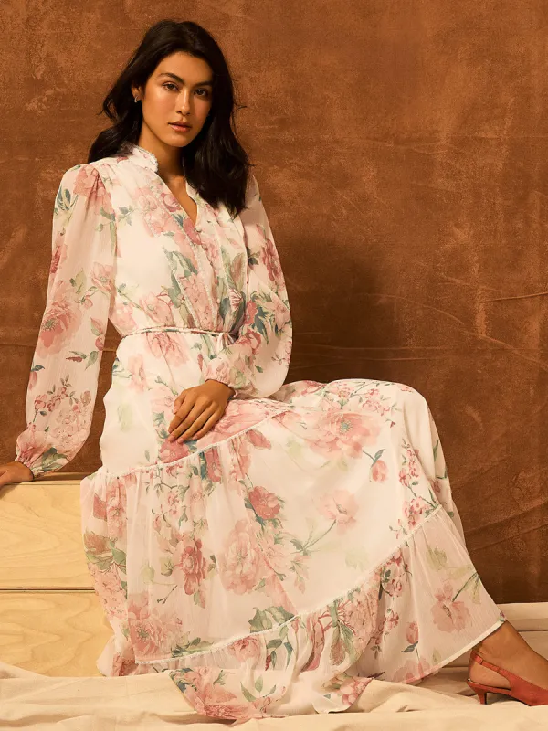 Floral Print Split Neck Tiered Maxi Dress sold by Suzy Shier