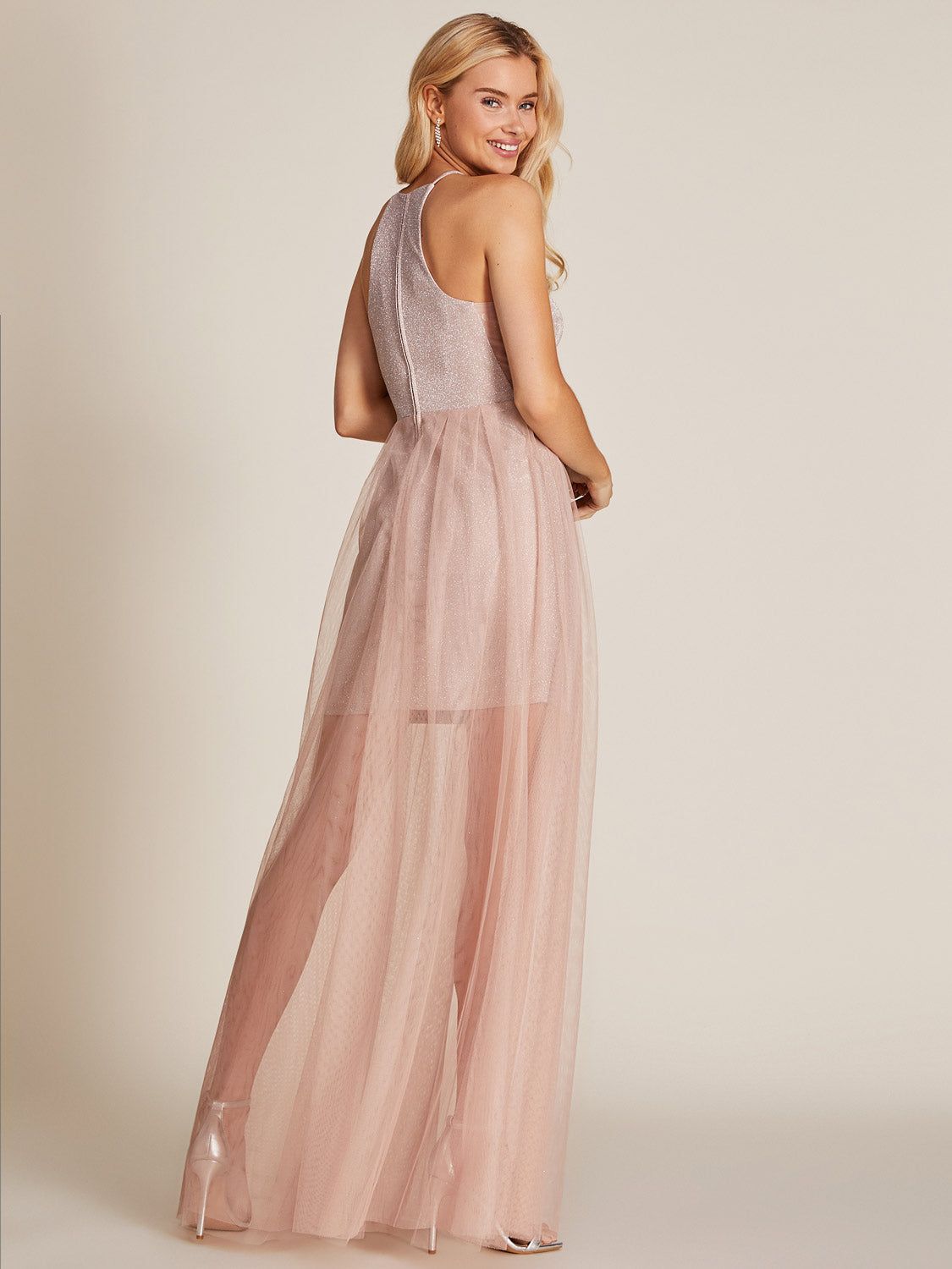 Halter Metallic Knit Mini Dress With Maxi Tulle Skirt Overlay sold by Suzy Shier product image thumbnail 4