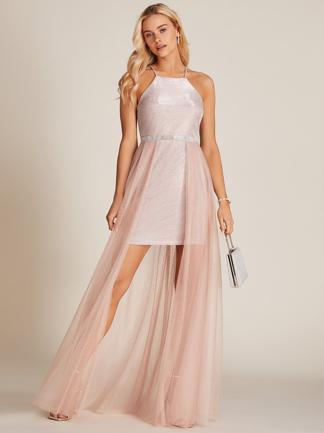 Halter Metallic Knit Mini Dress With Maxi Tulle Skirt Overlay sold by Suzy Shier