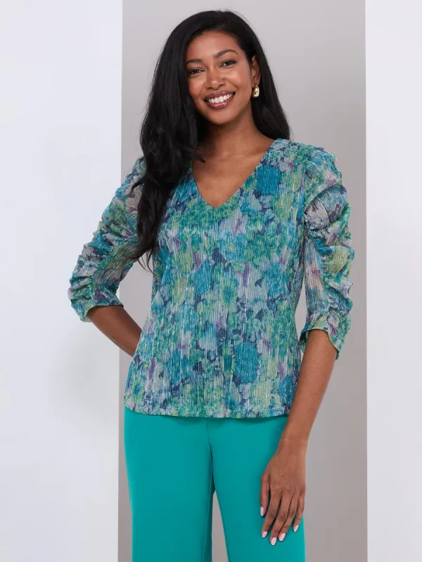 Floral Print Crinkle Mesh V-Neck Top sold by Suzy Shier