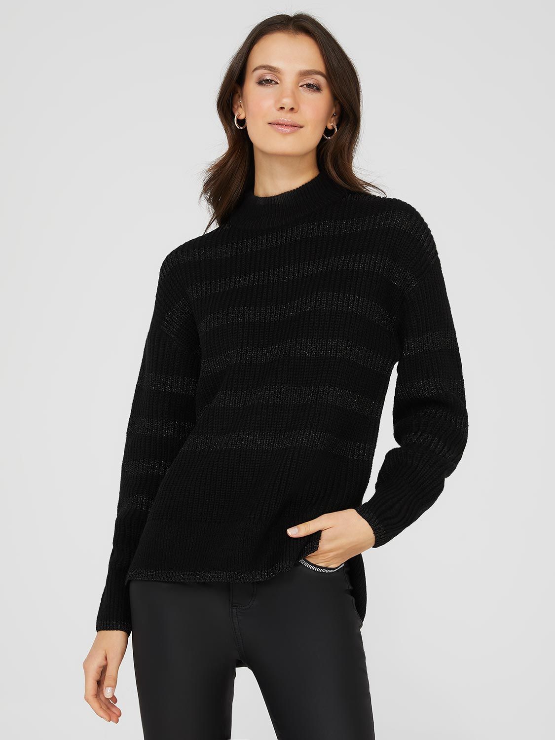 Striped Mock Neck High-Low Sweater sold by Suzy Shier