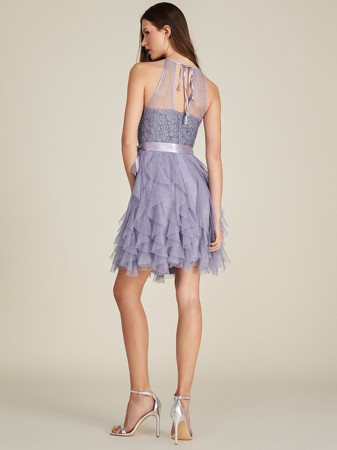 Lace Halter Neck Fit & Flare Mini Dress With Sparkle Mesh Skirt sold by Suzy Shier product image thumbnail 4