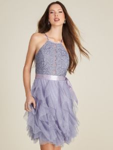 Lace Halter Neck Fit & Flare Mini Dress With Sparkle Mesh Skirt sold by Suzy Shier