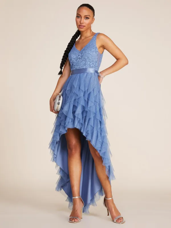 Sparkle V-Neck Lace & Mesh Corkscrew High-Low Gown sold by Suzy Shier