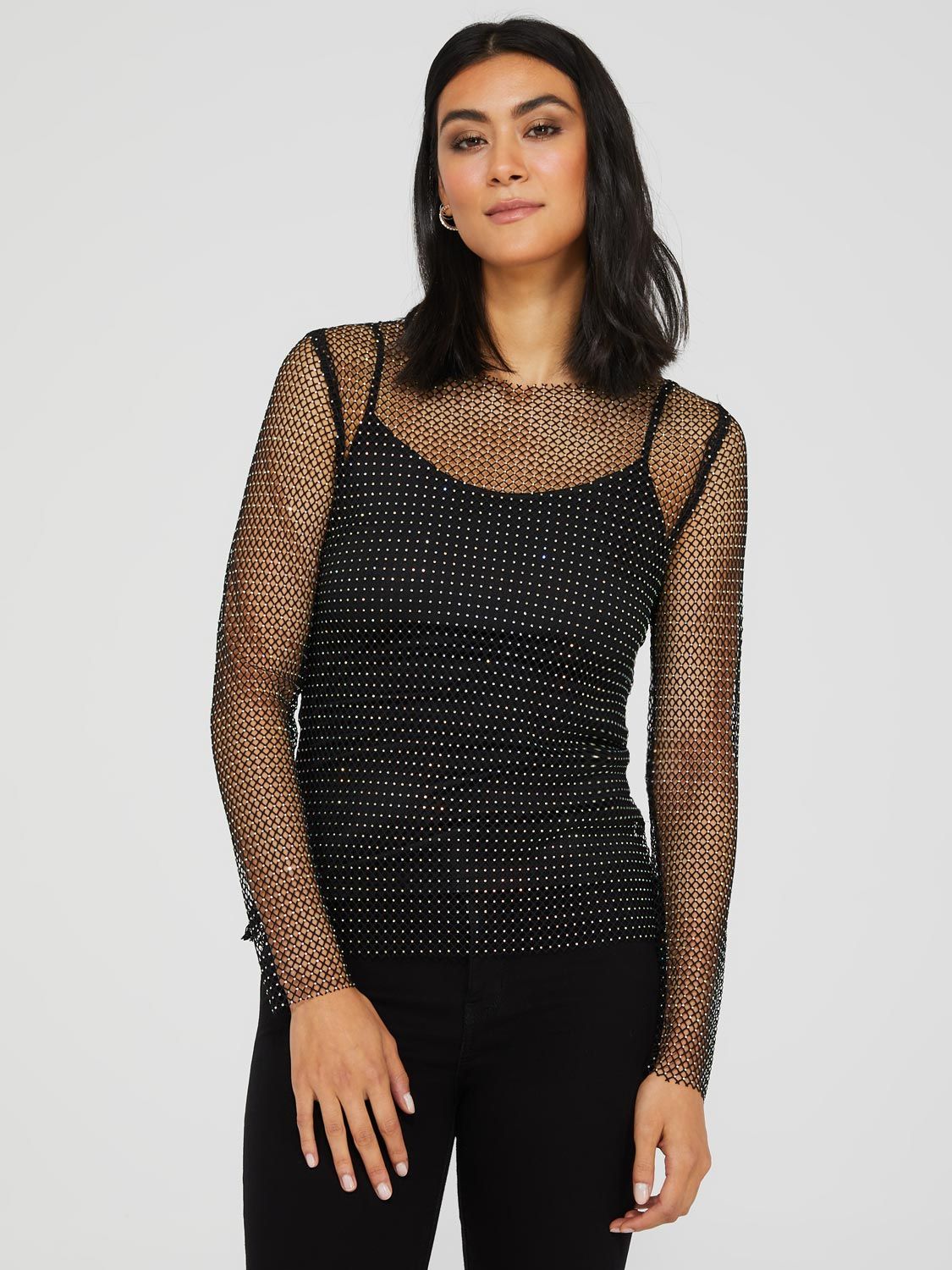 Crew Neck Rhinestone Fishnet Top With Cami sold by Suzy Shier