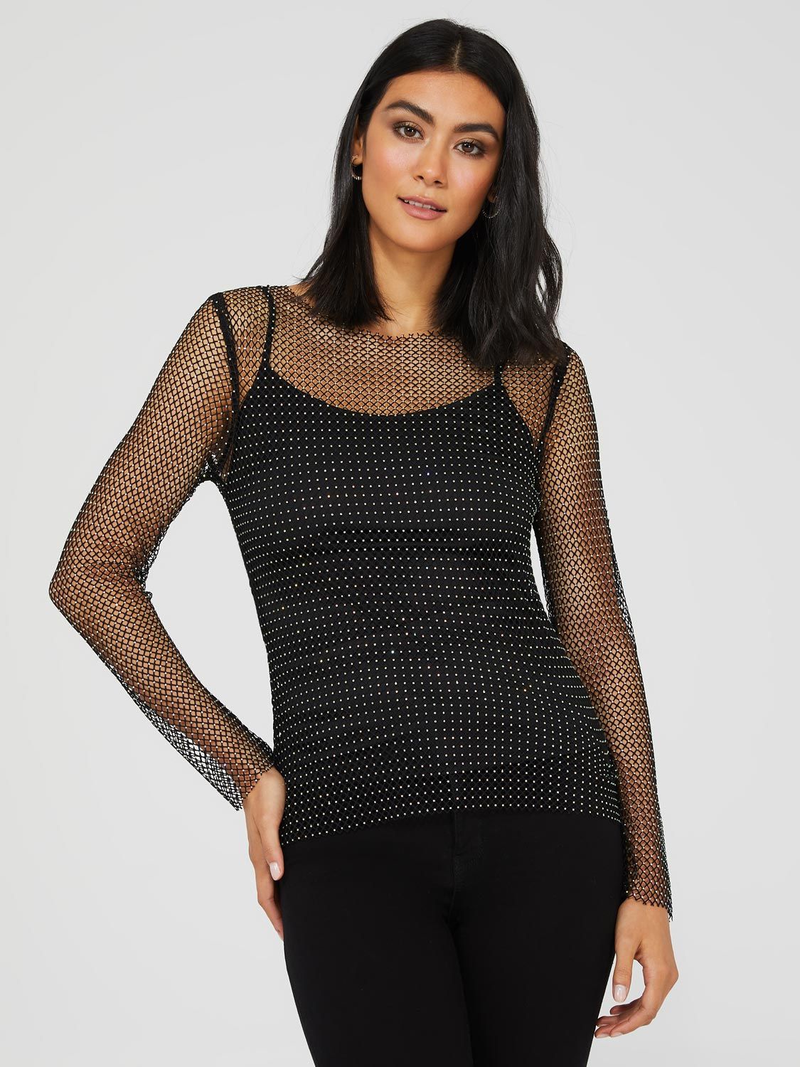 Crew Neck Rhinestone Fishnet Top With Cami sold by Suzy Shier product image thumbnail 3