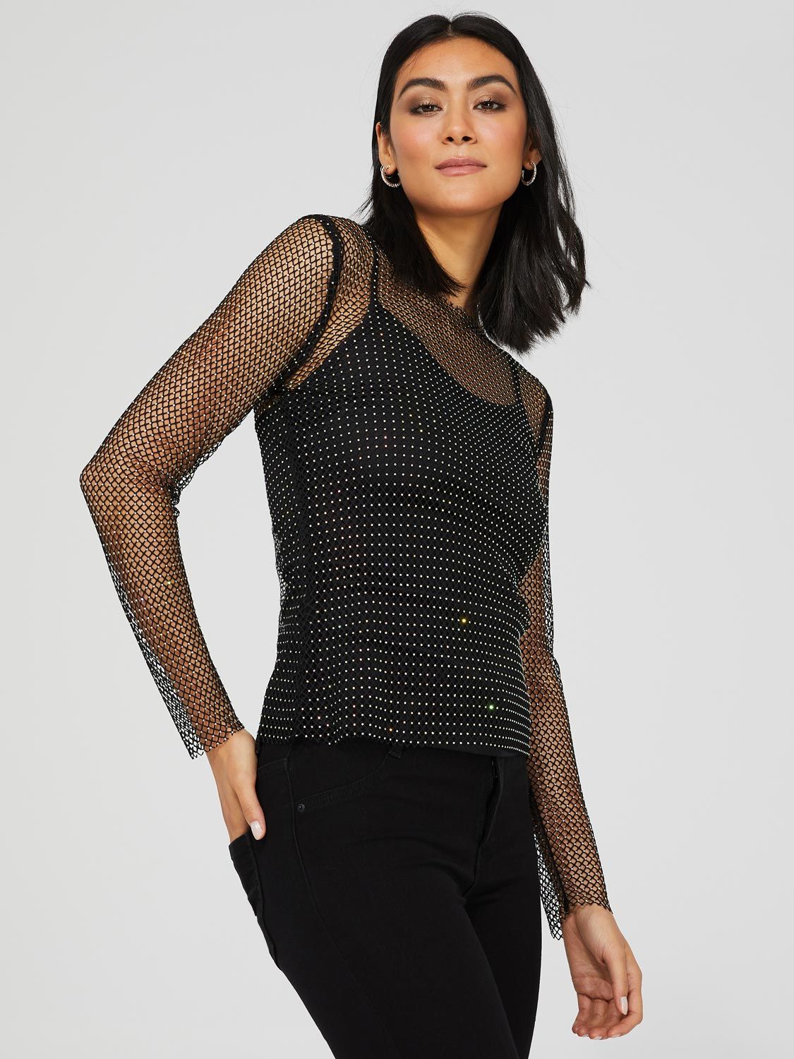 Crew Neck Rhinestone Fishnet Top With Cami sold by Suzy Shier product image thumbnail 4