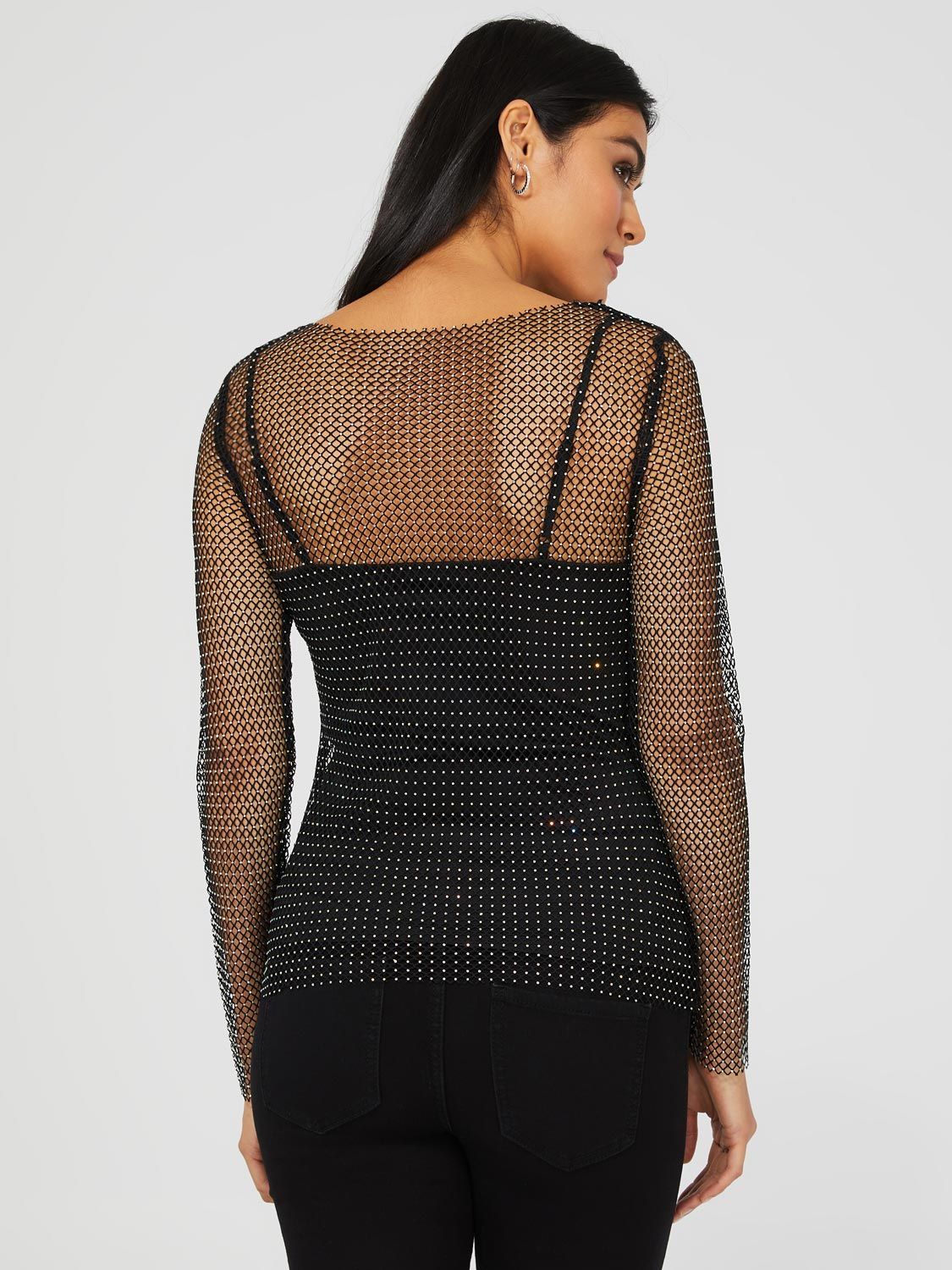 Crew Neck Rhinestone Fishnet Top With Cami sold by Suzy Shier product image thumbnail 5