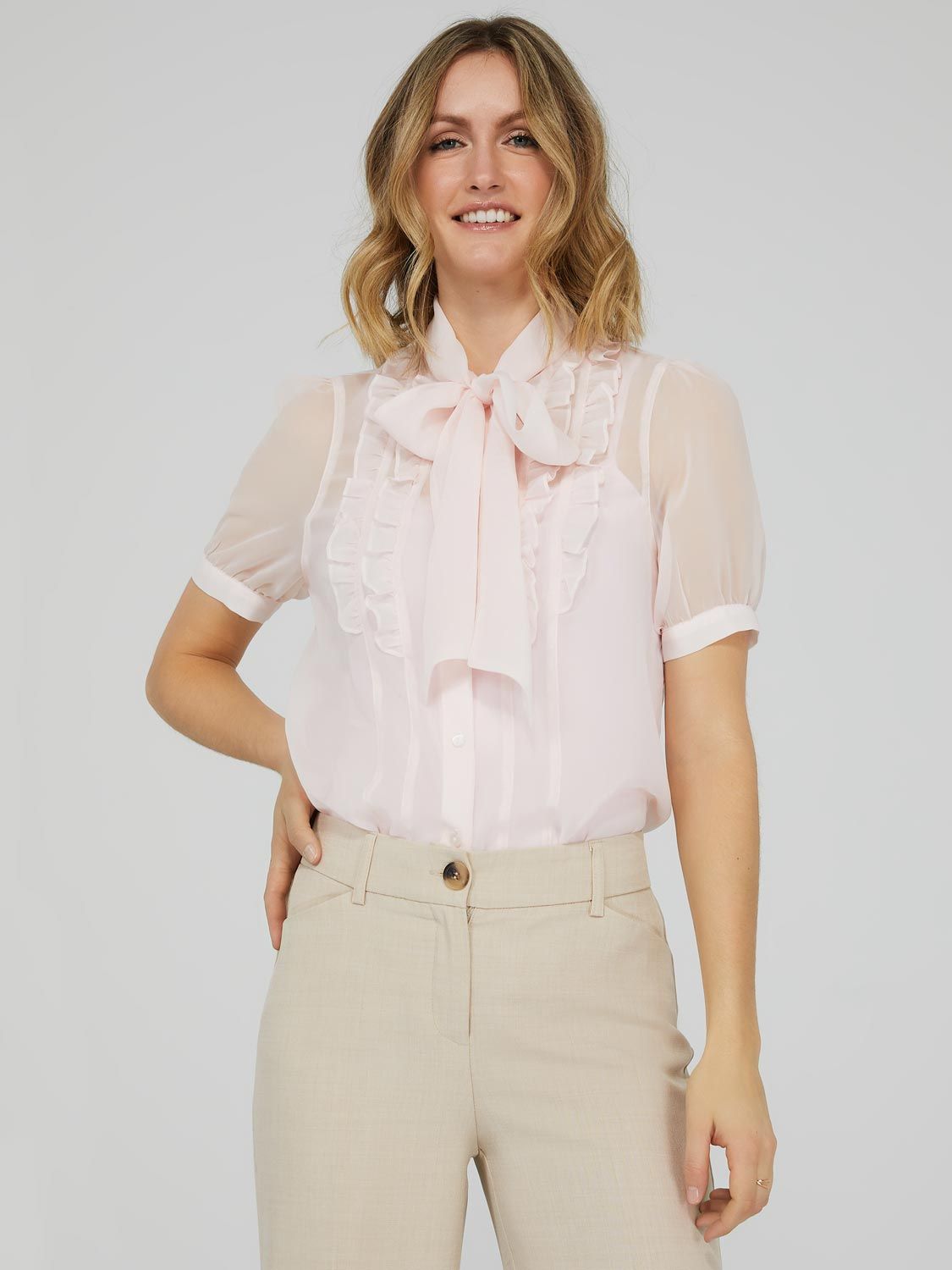 Ruffle Front Chiffon Tie Neck Top sold by Suzy Shier