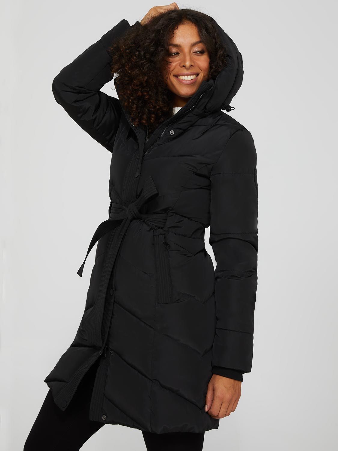 Mid-Length Belted Quilted Puffer sold by Suzy Shier