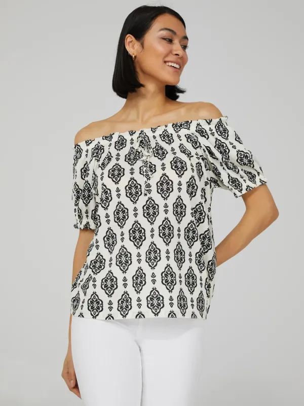 Printed-Off-The-Shoulder Textured Top sold by Suzy Shier