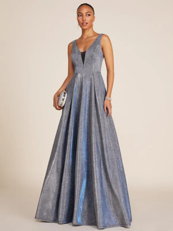 V-Neck Allover Metallic Ball Gown sold by Suzy Shier