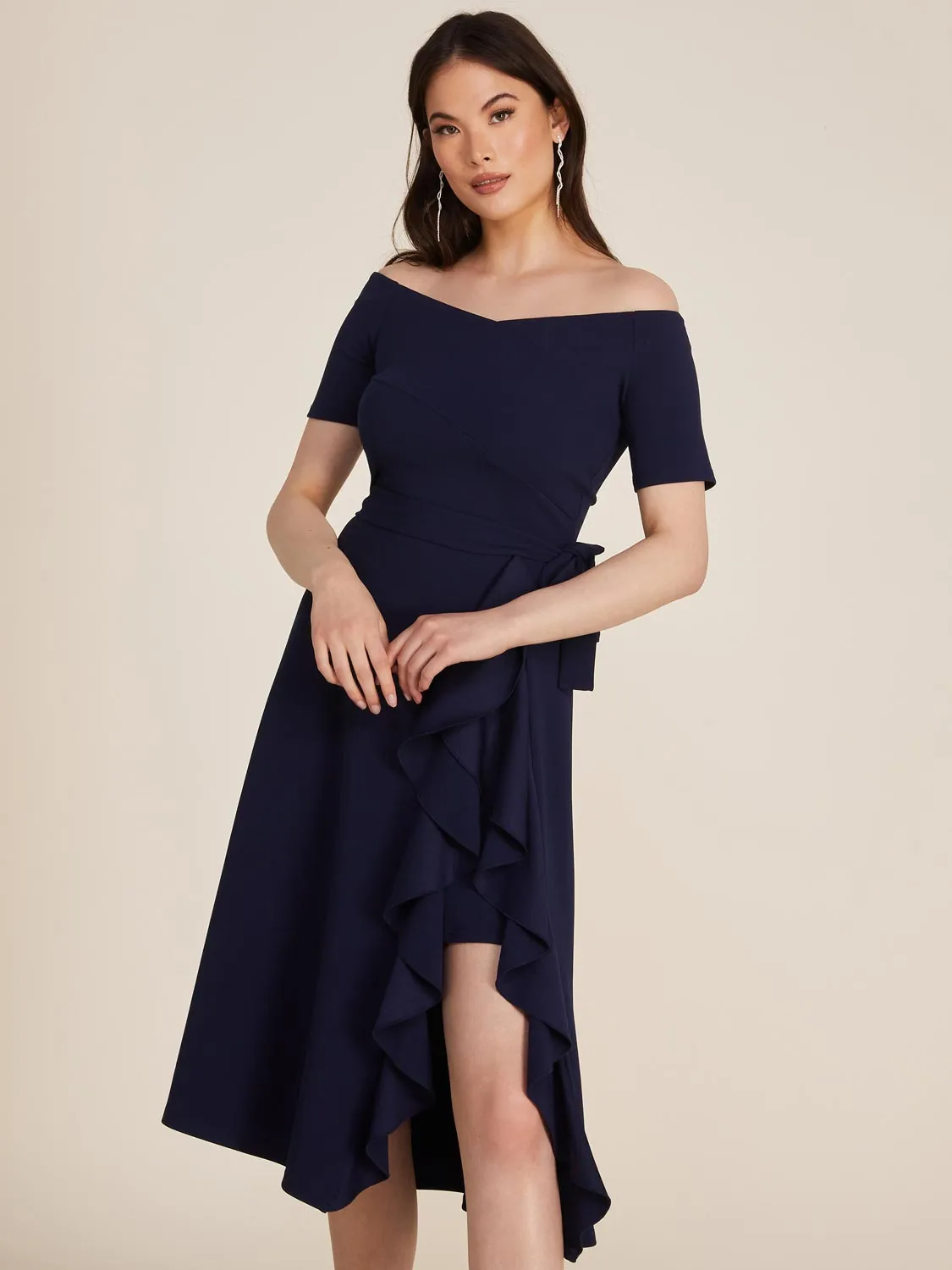 Off-The-Shoulder Wrap Fit & Flare Midi Dress sold by Suzy Shier product image thumbnail 2