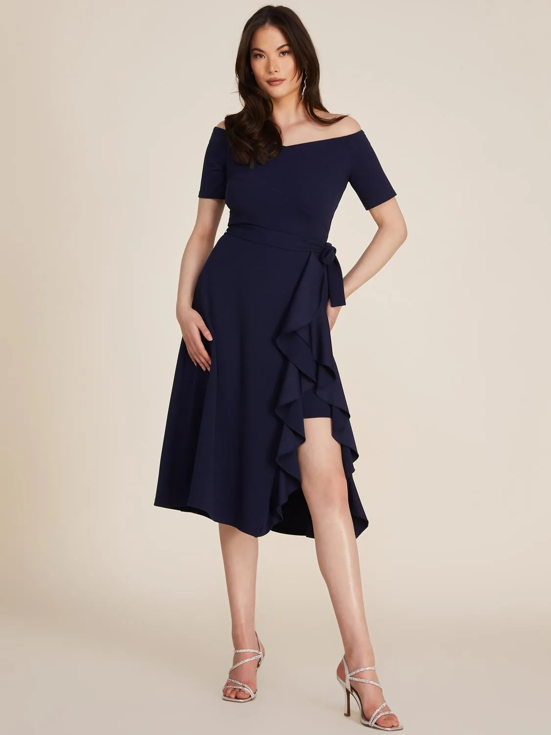 Off-The-Shoulder Wrap Fit & Flare Midi Dress sold by Suzy Shier