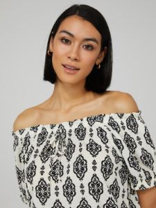Printed-Off-The-Shoulder Textured Top sold by Suzy Shier