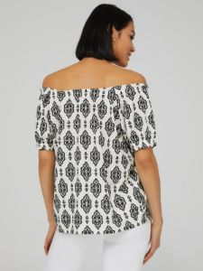 Printed-Off-The-Shoulder Textured Top sold by Suzy Shier