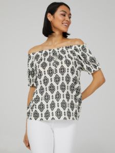 Printed-Off-The-Shoulder Textured Top sold by Suzy Shier