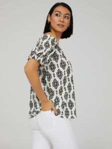 Printed-Off-The-Shoulder Textured Top sold by Suzy Shier