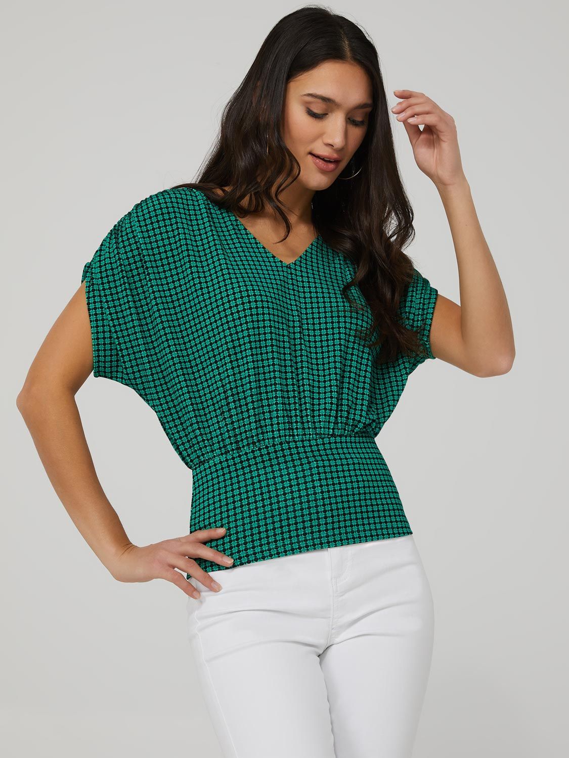 Dolman Sleeve Pleated V-Neck Top sold by Suzy Shier