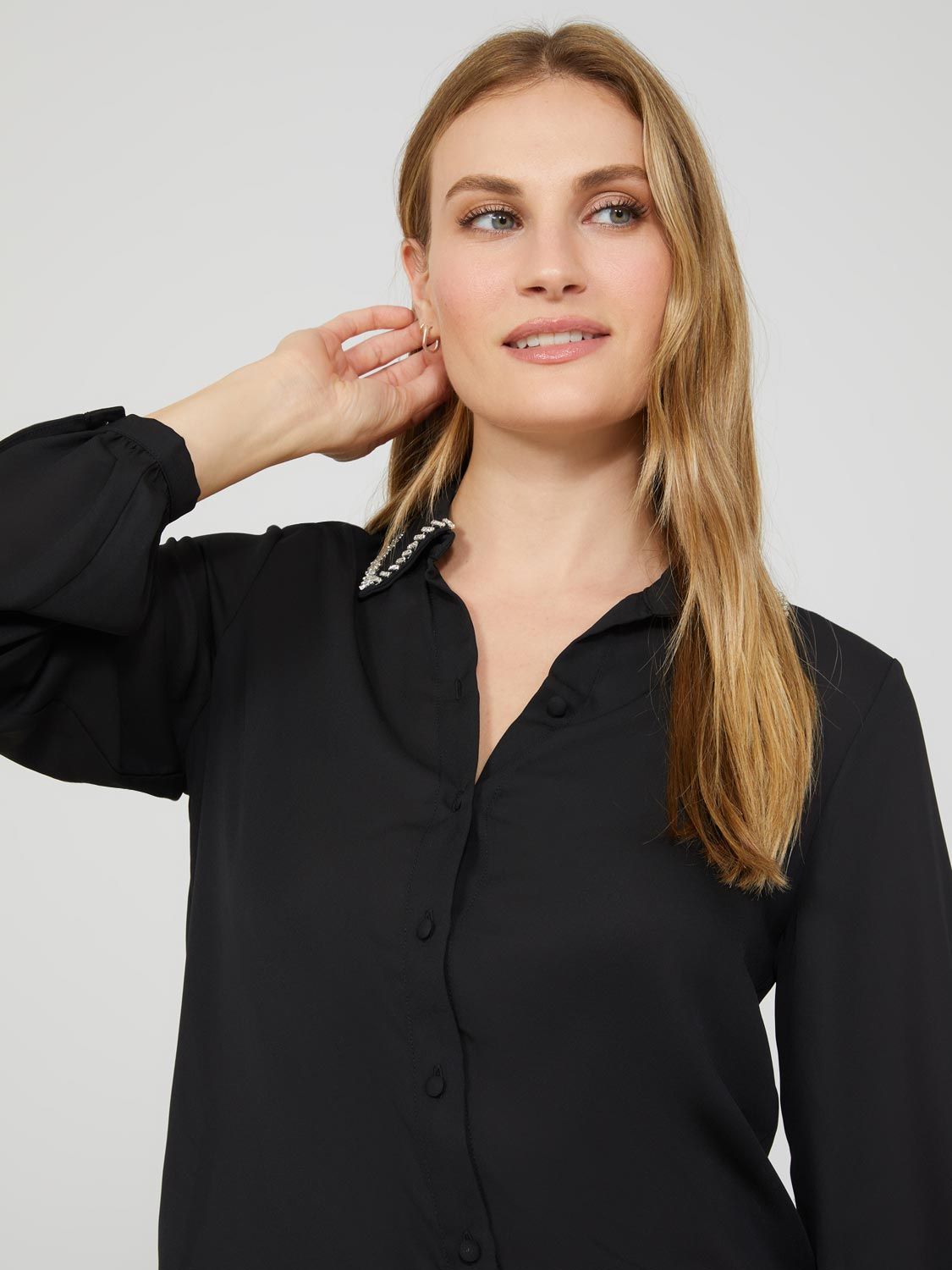 Chiffon Button-Front Blouse With Rhinestone Collar sold by Suzy Shier product image thumbnail 2