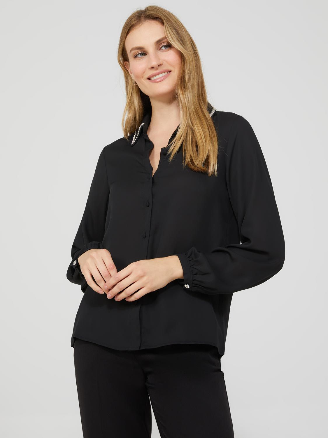 Chiffon Button-Front Blouse With Rhinestone Collar sold by Suzy Shier