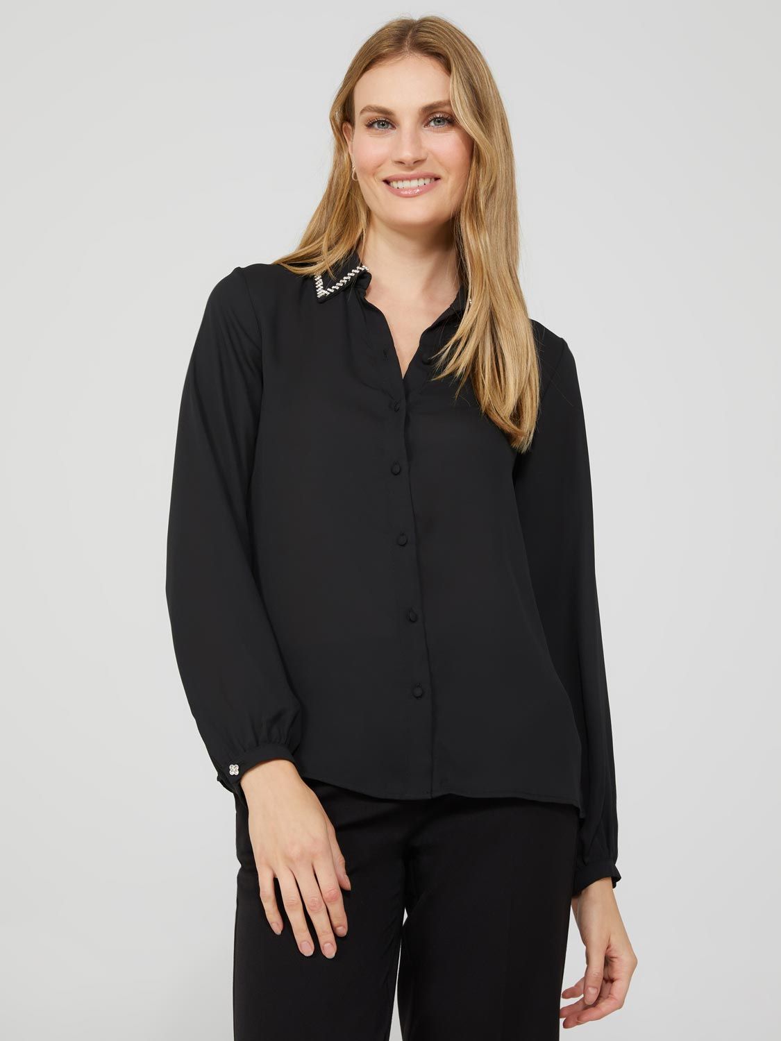 Chiffon Button-Front Blouse With Rhinestone Collar sold by Suzy Shier product image thumbnail 3