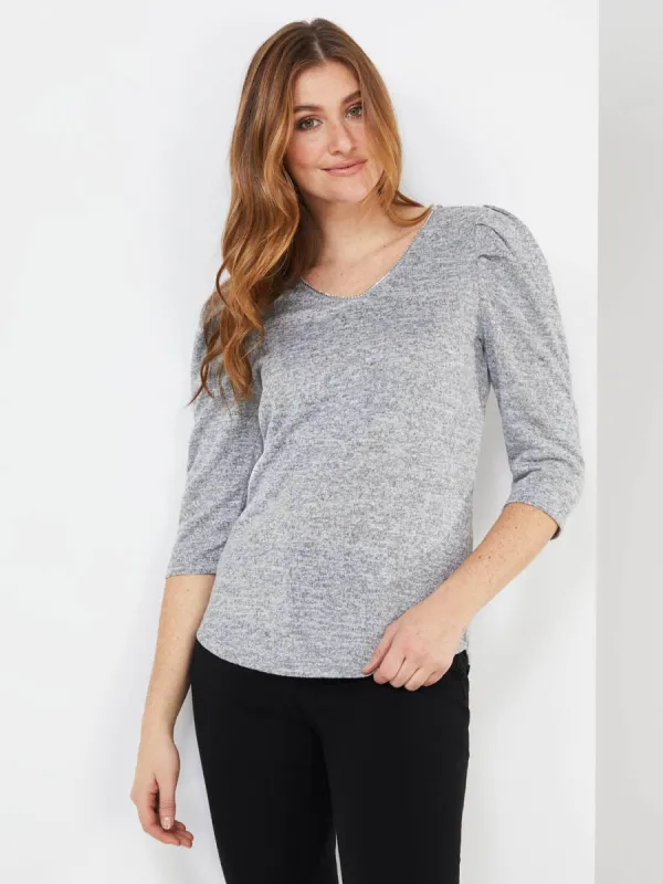 3/4 Puff Sleeve Rhinestone V-Neck Top sold by Suzy Shier