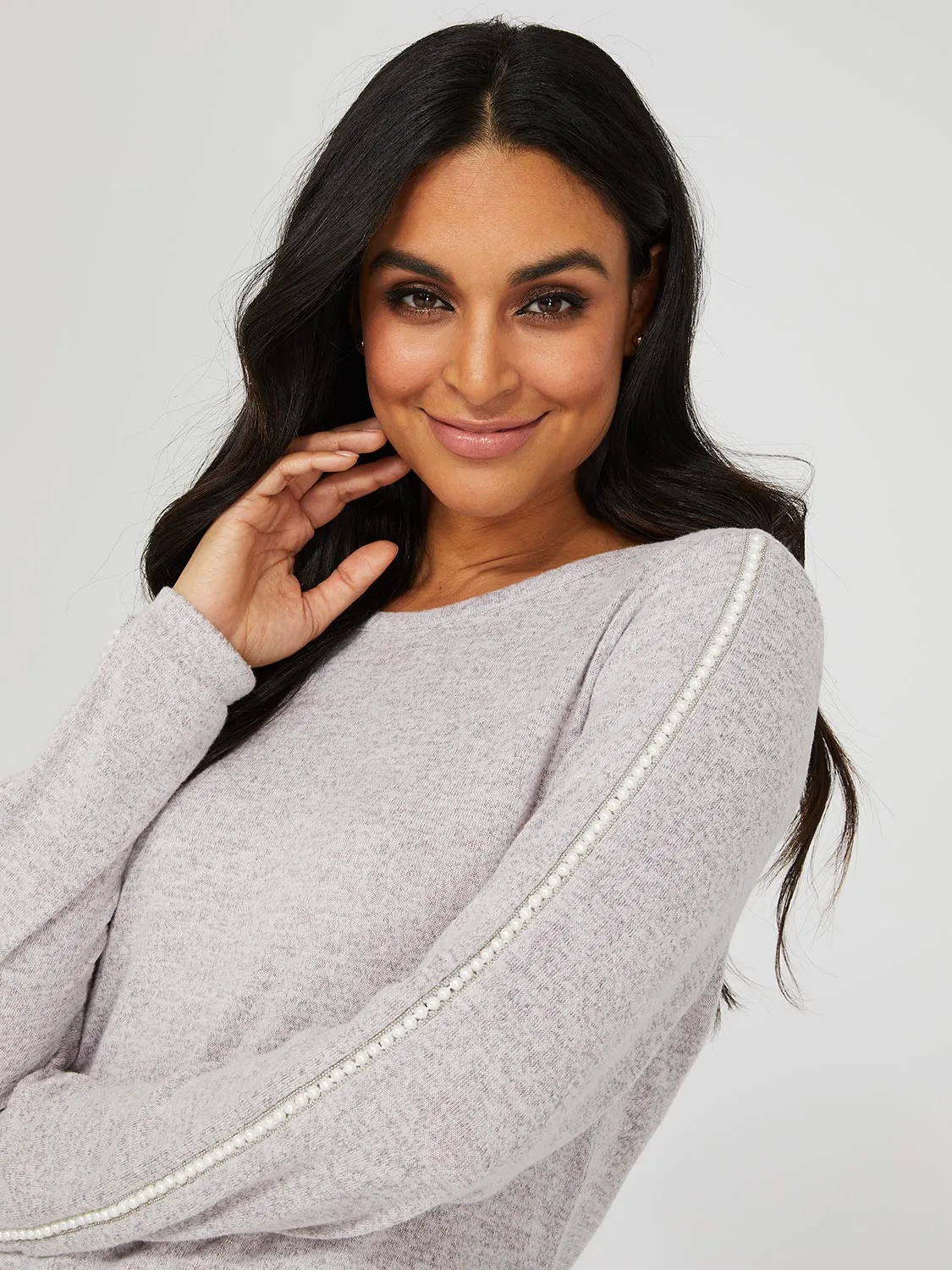Brushed Sweater With Pearl Sleeve Detail sold by Suzy Shier product image thumbnail 2