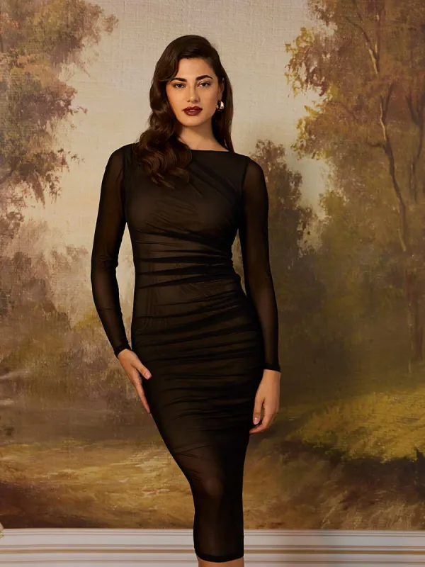 Long Sleeve Boat Neck Mesh Midi Dress sold by Suzy Shier