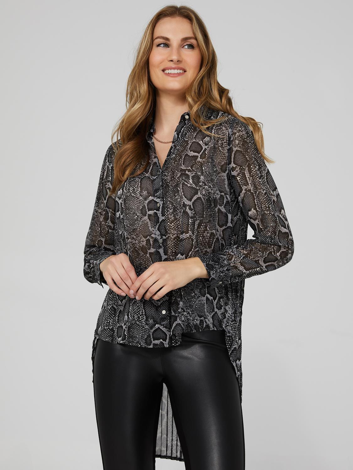 Snakeskin Print High-Low Button-Front Blouse sold by Suzy Shier product image thumbnail 3