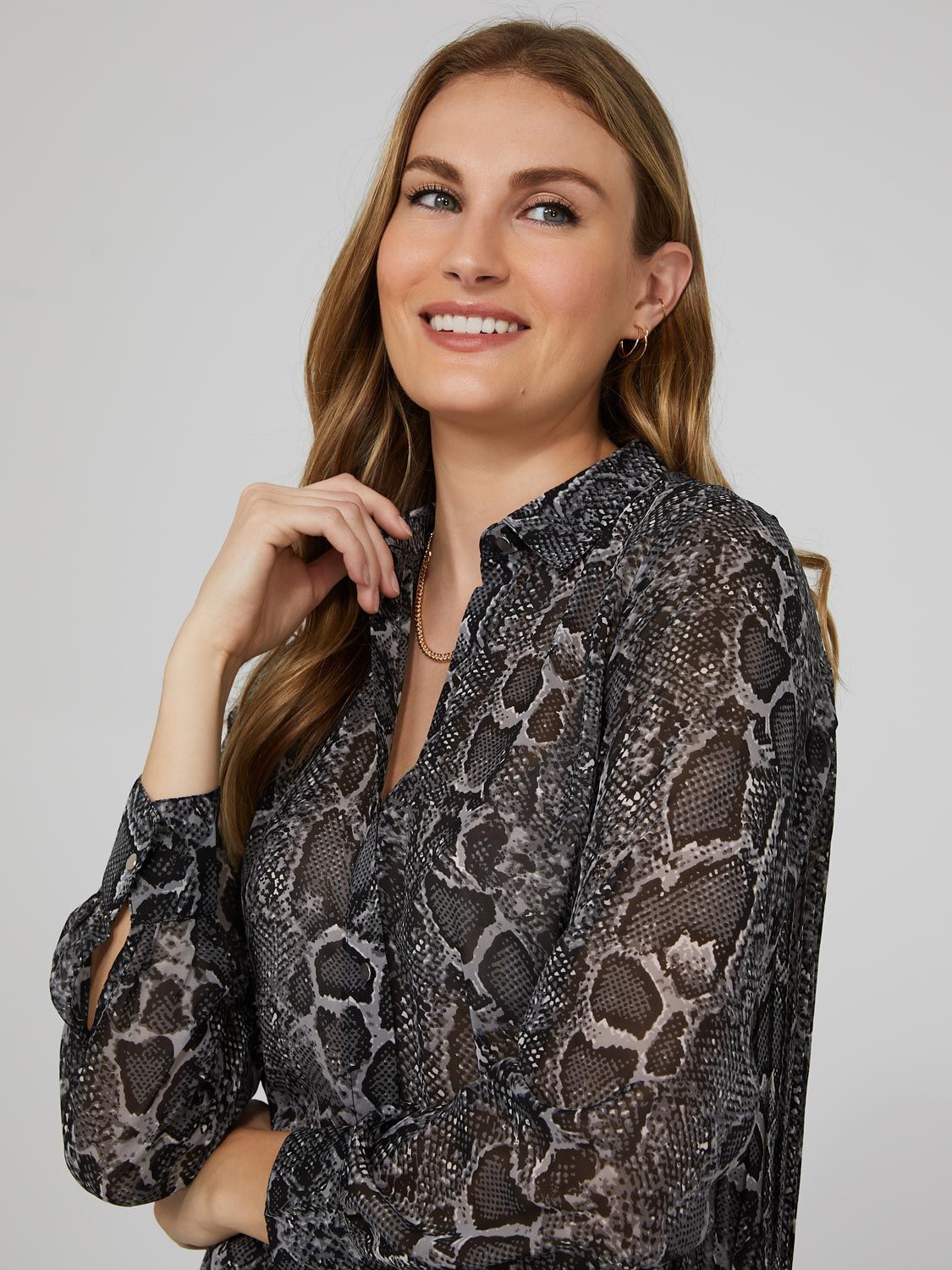 Snakeskin Print High-Low Button-Front Blouse sold by Suzy Shier product image thumbnail 2
