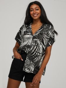 Palm Leaf Print Short Sleeve Button-Front Resort Shirt sold by Suzy Shier