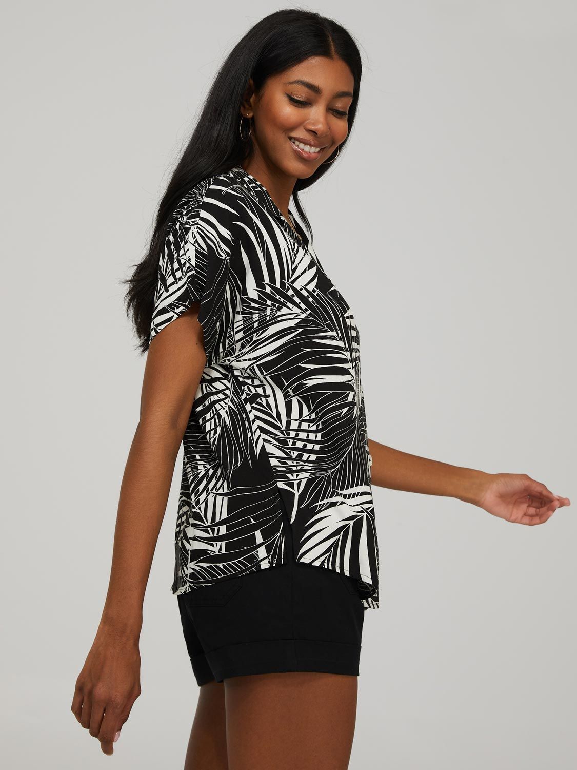 Palm Leaf Print Short Sleeve Button-Front Resort Shirt sold by Suzy Shier product image thumbnail 3