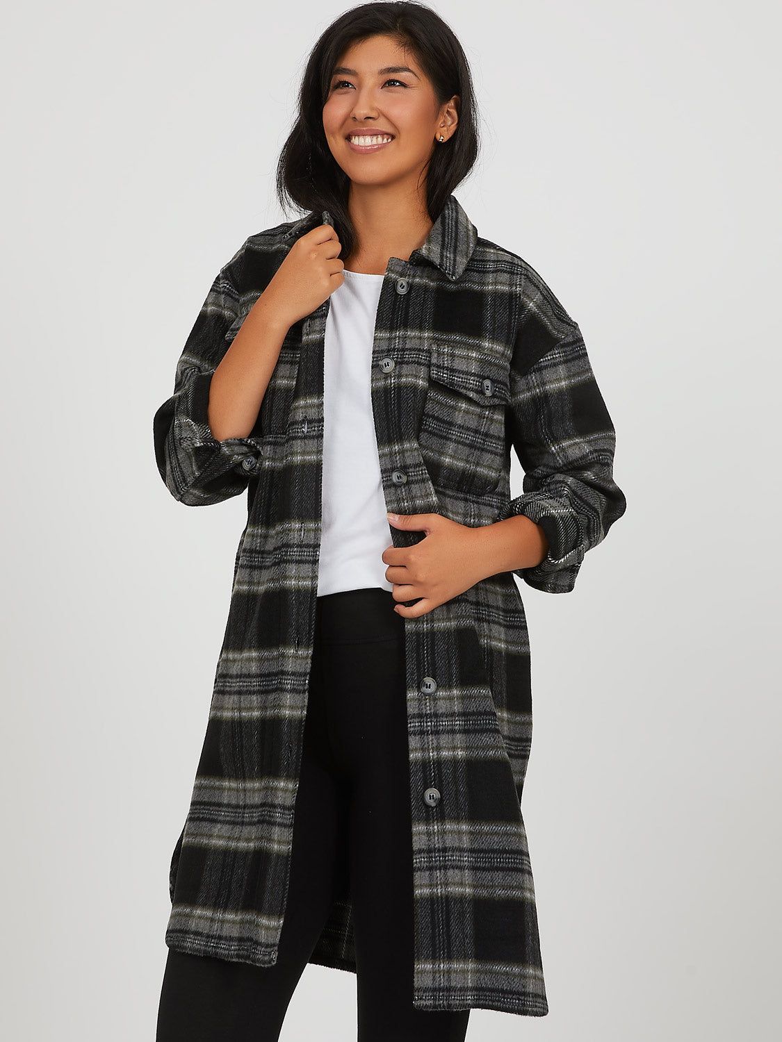 Long Plaid Shacket sold by Suzy Shier