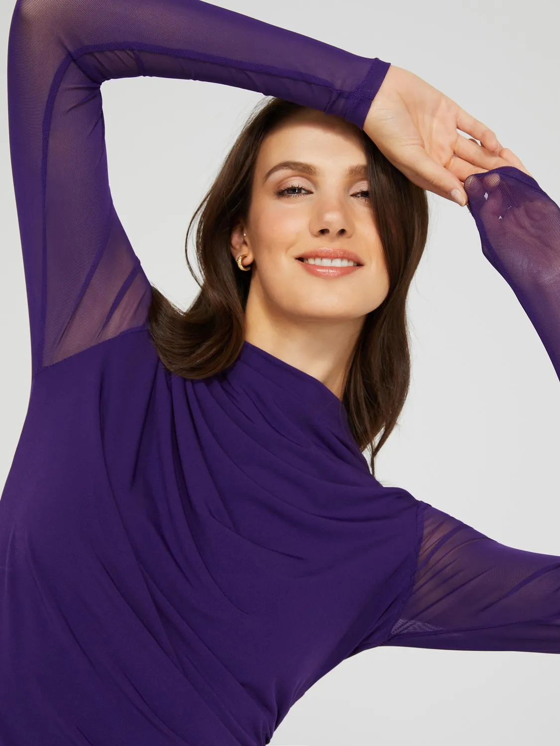 Mock Neck Ruched Jersey Top With Mesh Long Sleeves sold by Suzy Shier product image thumbnail 3