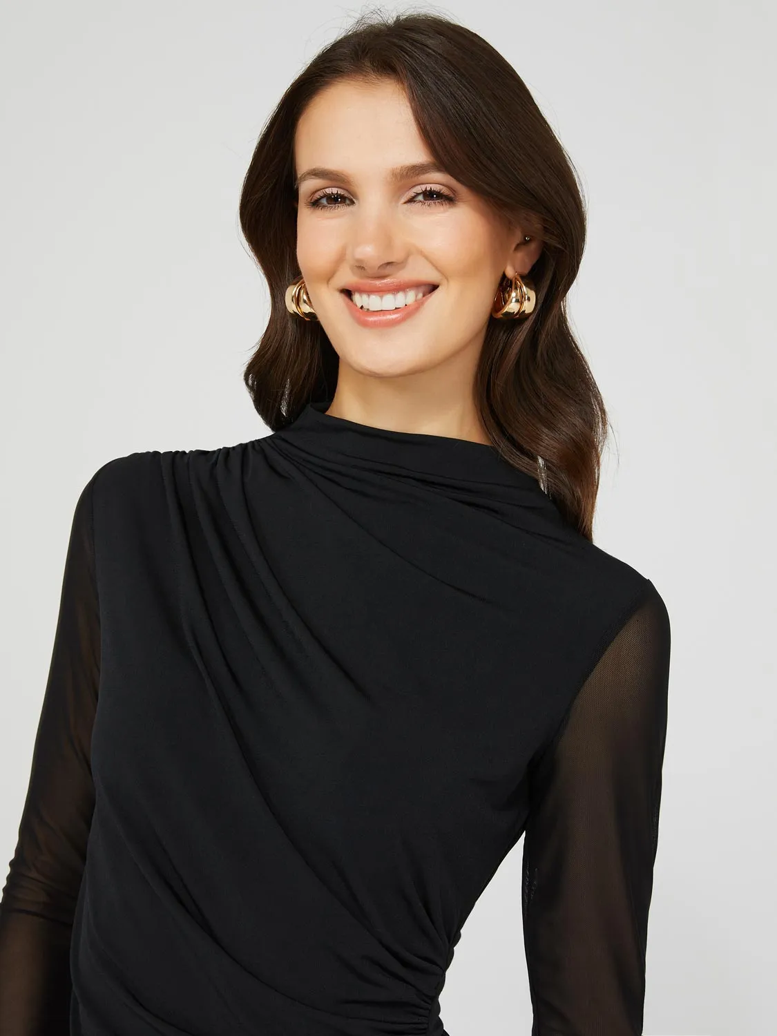 Mock Neck Ruched Jersey Top With Mesh Long Sleeves sold by Suzy Shier product image thumbnail 4