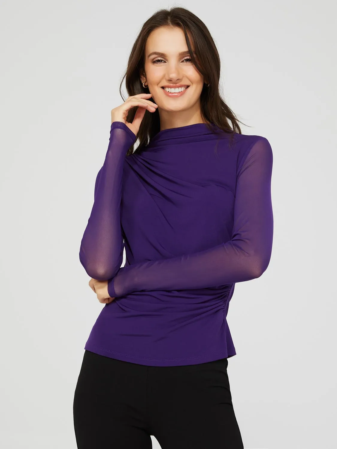 Mock Neck Ruched Jersey Top With Mesh Long Sleeves sold by Suzy Shier