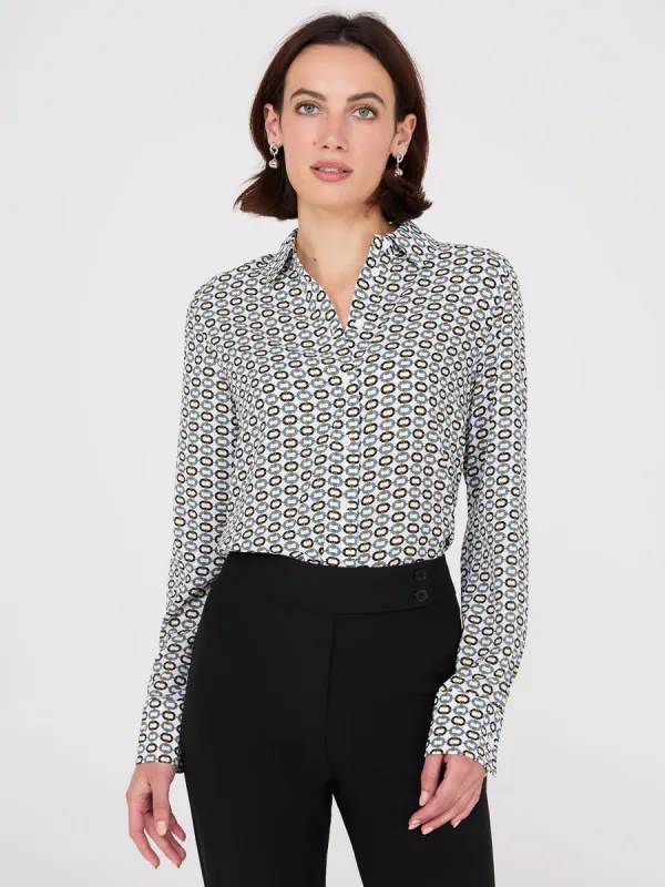 Geo Print Chiffon Button-Front Blouse sold by Suzy Shier
