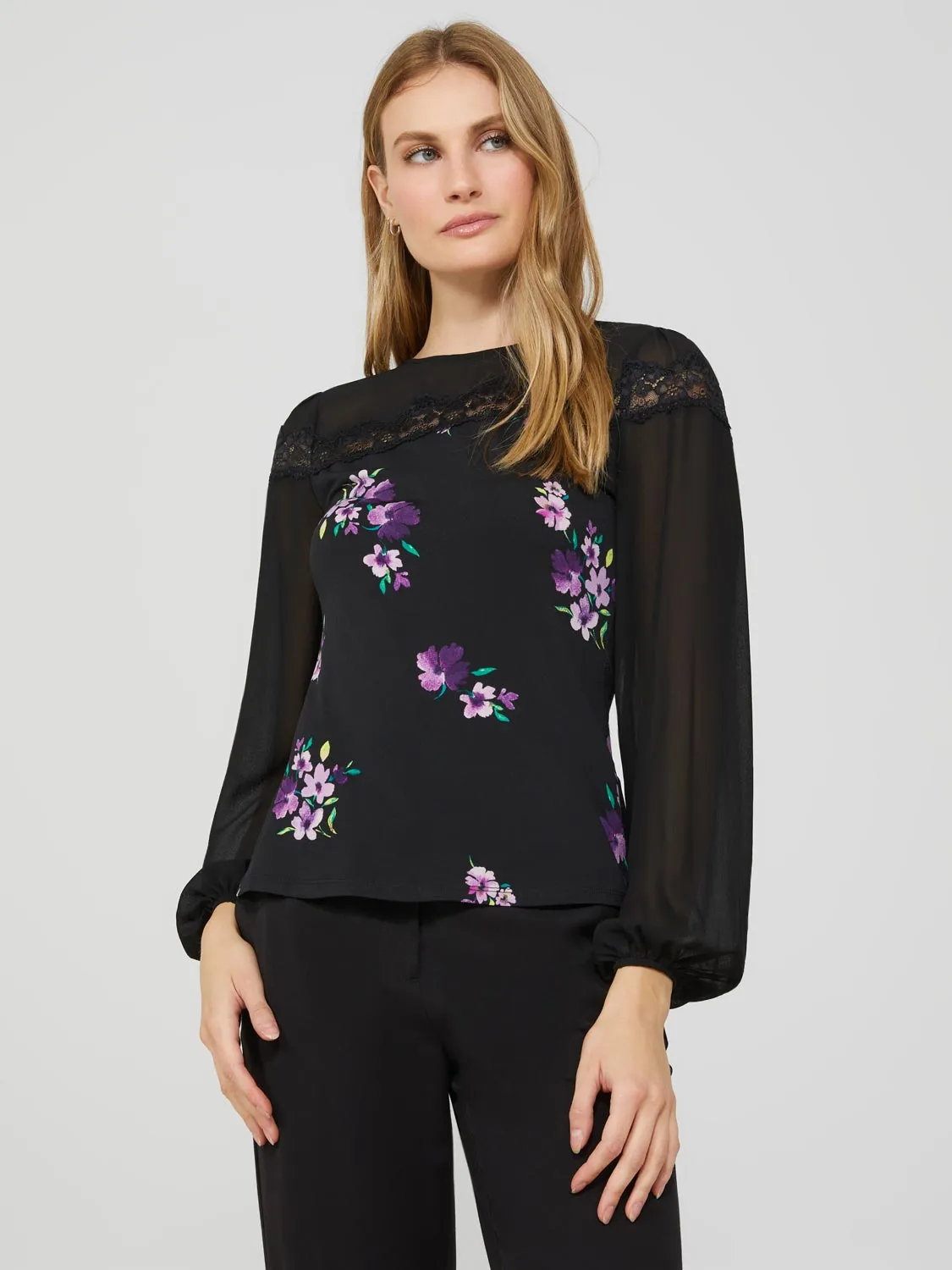 Long Balloon Sleeve Ditsy Floral Crew Neck Top sold by Suzy Shier