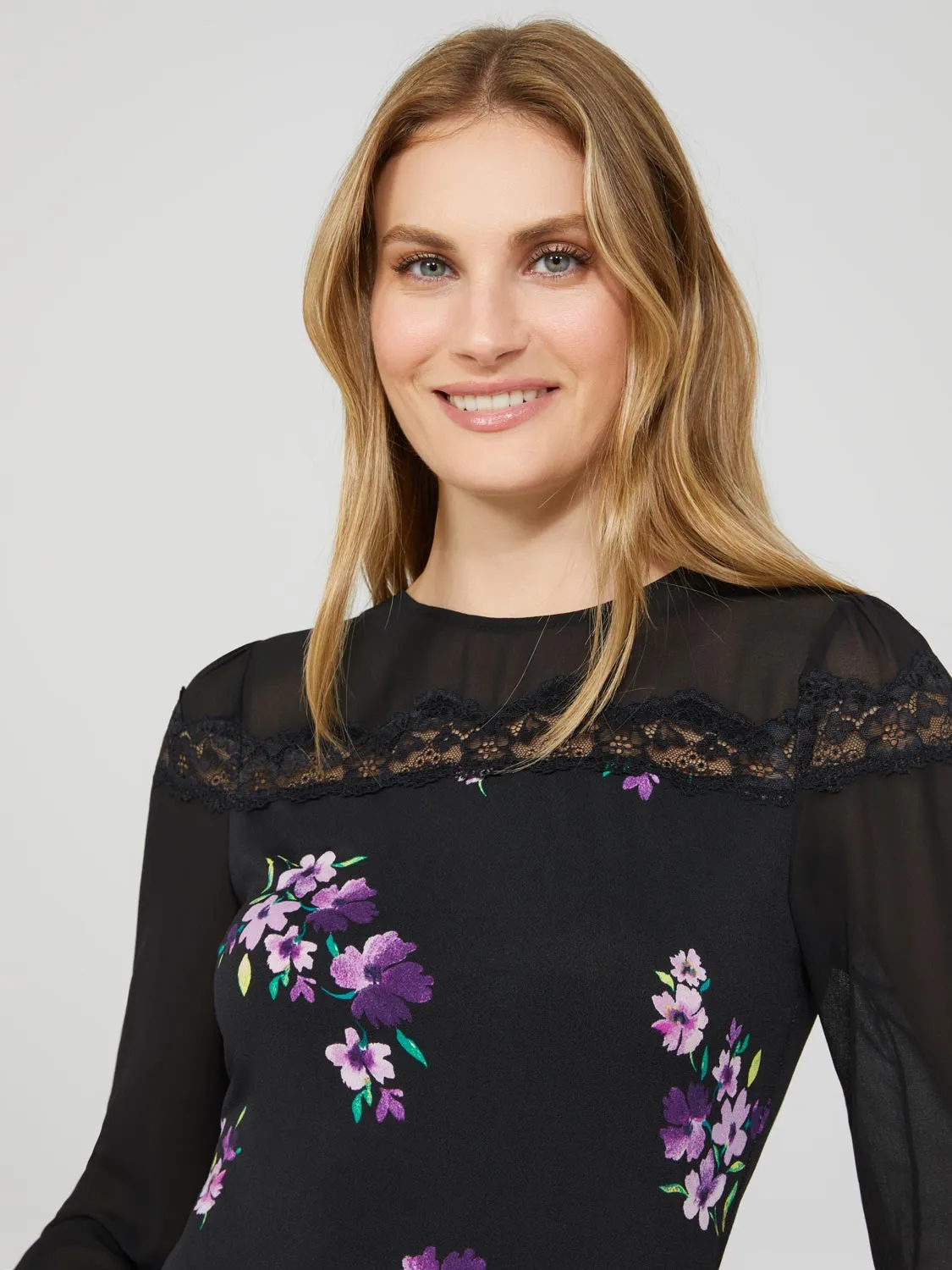 Long Balloon Sleeve Ditsy Floral Crew Neck Top sold by Suzy Shier product image thumbnail 2