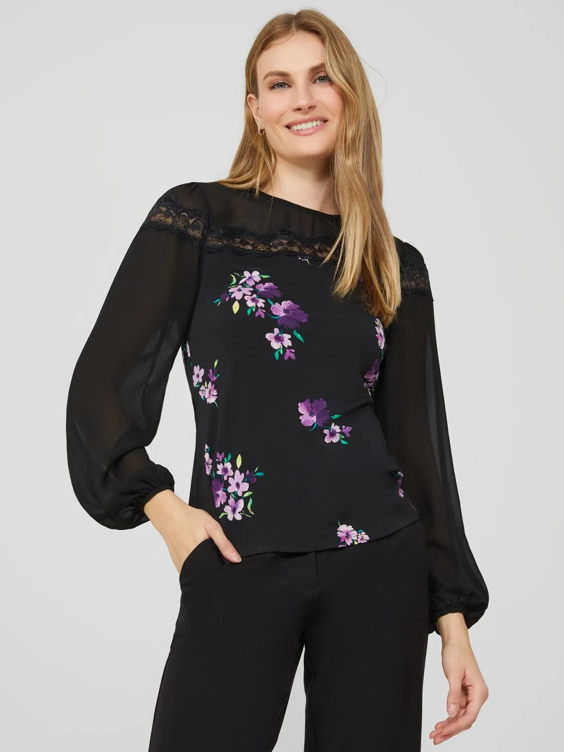 Long Balloon Sleeve Ditsy Floral Crew Neck Top sold by Suzy Shier product image thumbnail 3