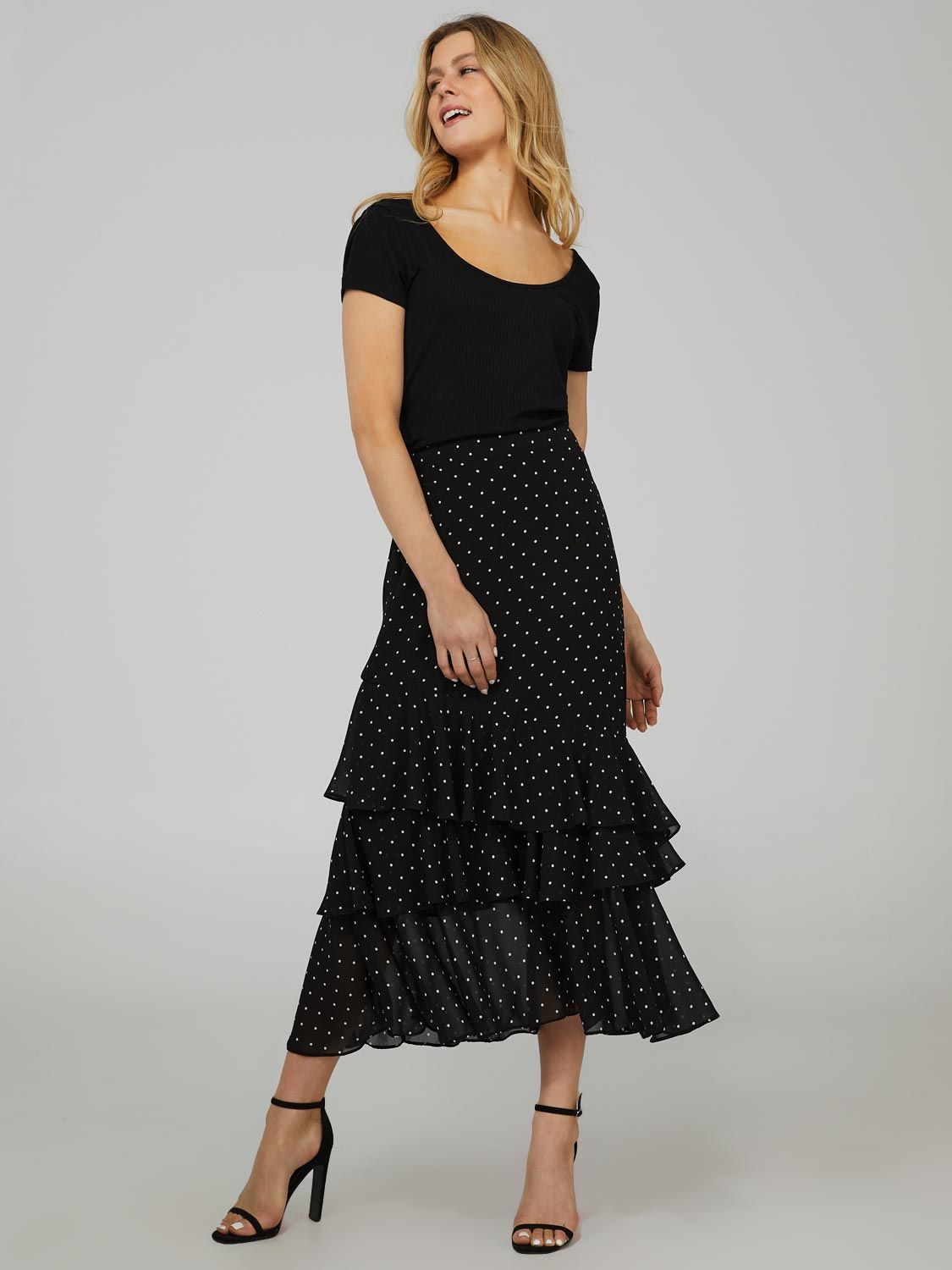 Polka Dot Chiffon 2-Tier Flouncy Skirt sold by Suzy Shier