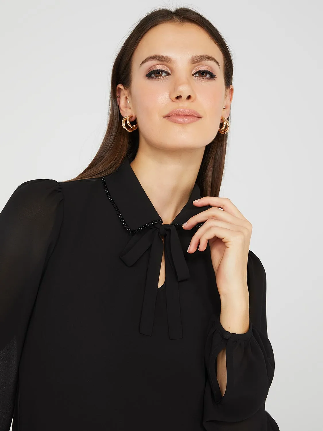 Chiffon Popover Blouse With Pearl Trim Collar sold by Suzy Shier