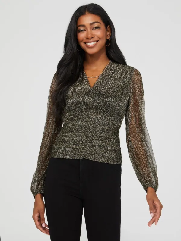 Animal Print Pleated Mesh Top sold by Suzy Shier
