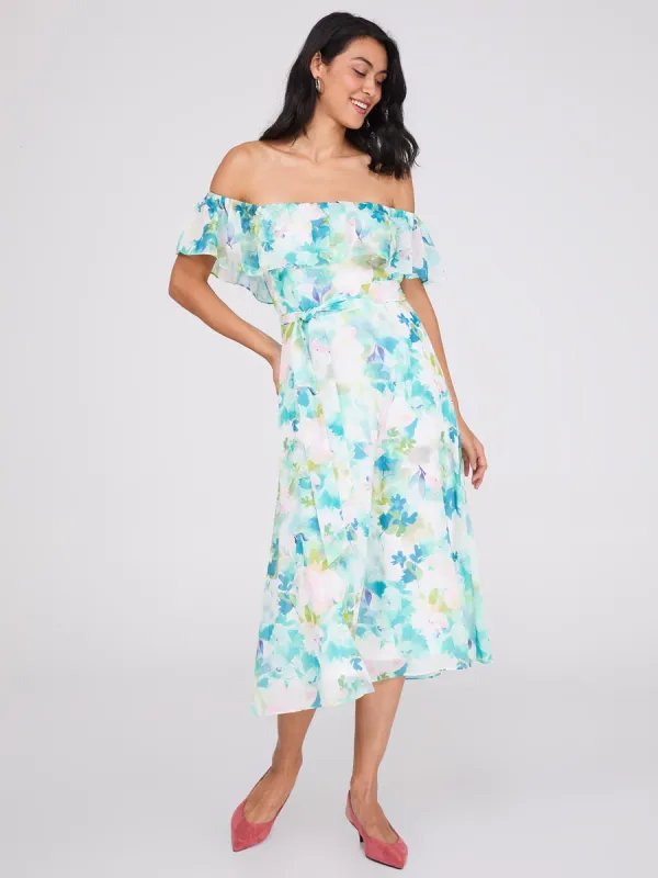 Printed Off-The-Shoulder Chiffon Midi Dress sold by Suzy Shier