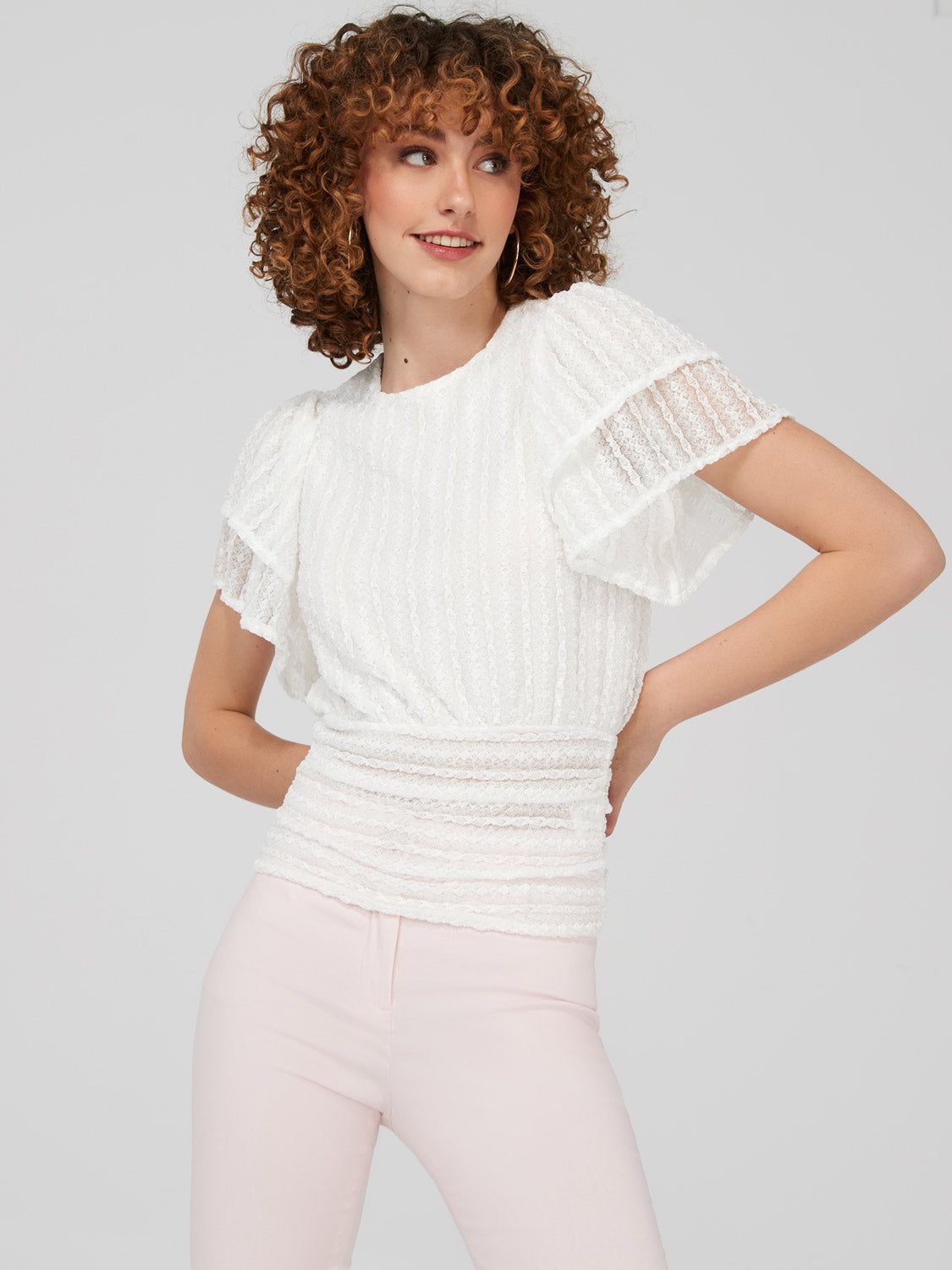 Double Ruffle Sleeve Lace Top sold by Suzy Shier