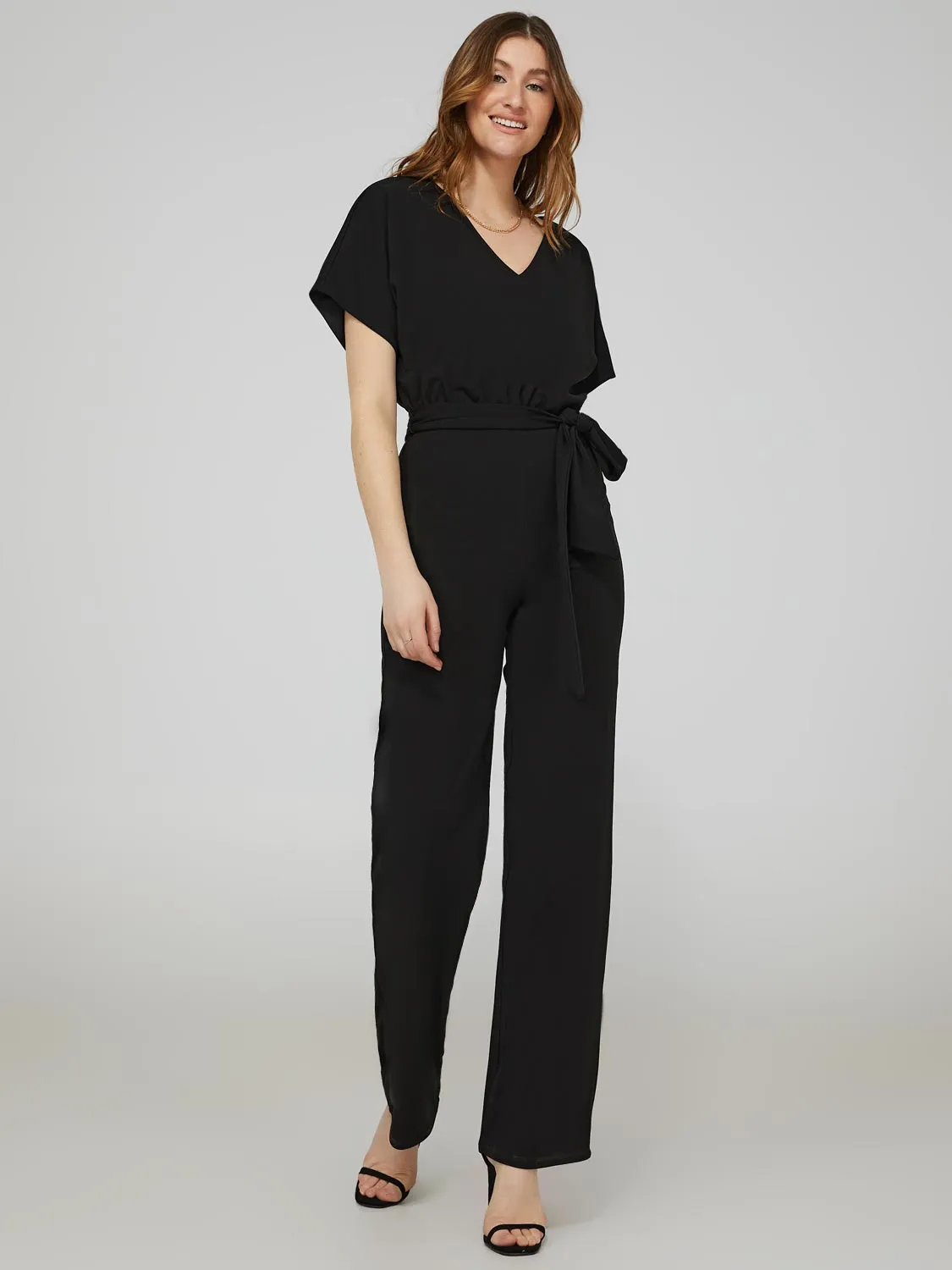 Dolman Sleeve V-Front Wide Leg Jumpsuit sold by Suzy Shier