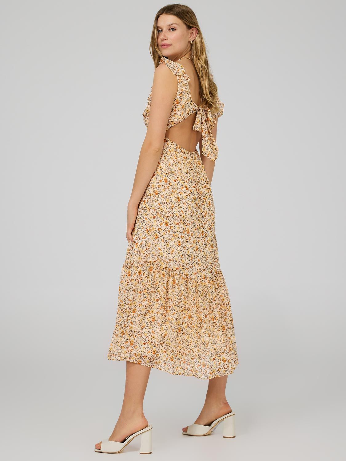Printed Chiffon Open Back Dress With Ruffle Details sold by Suzy Shier product image thumbnail 4